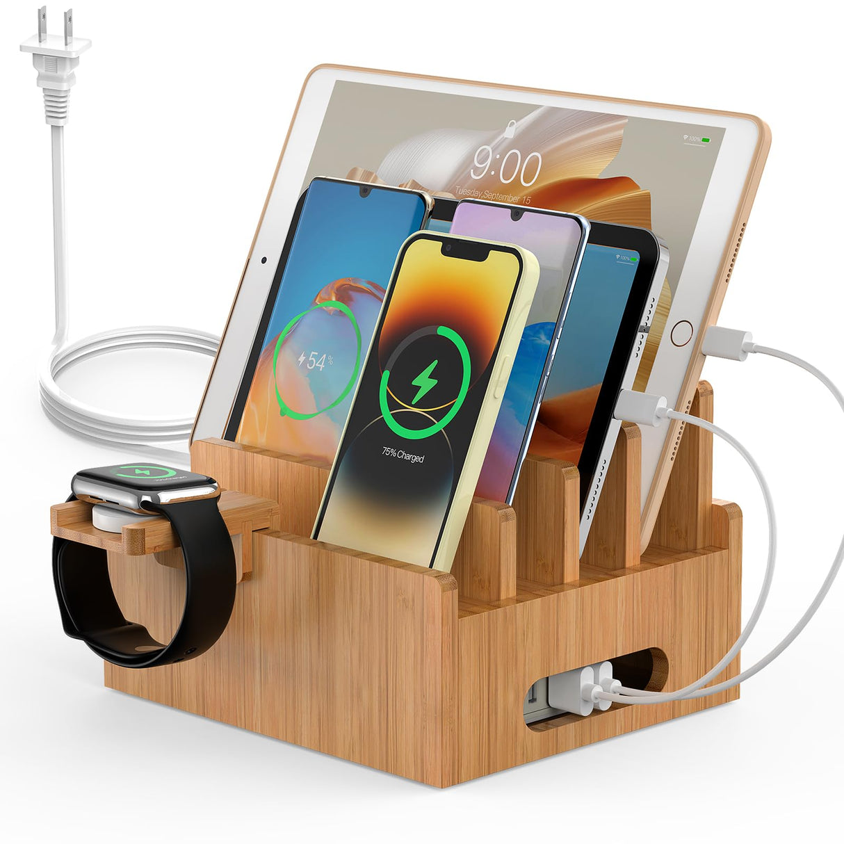 Pezin & Hulin Bamboo Charging Stations, Cell Phone Organizer for Multiple Devices, Tablets, Smart Watch, Included 5 Port USB Charger, Pack 5 Cables Pezin & Hulin