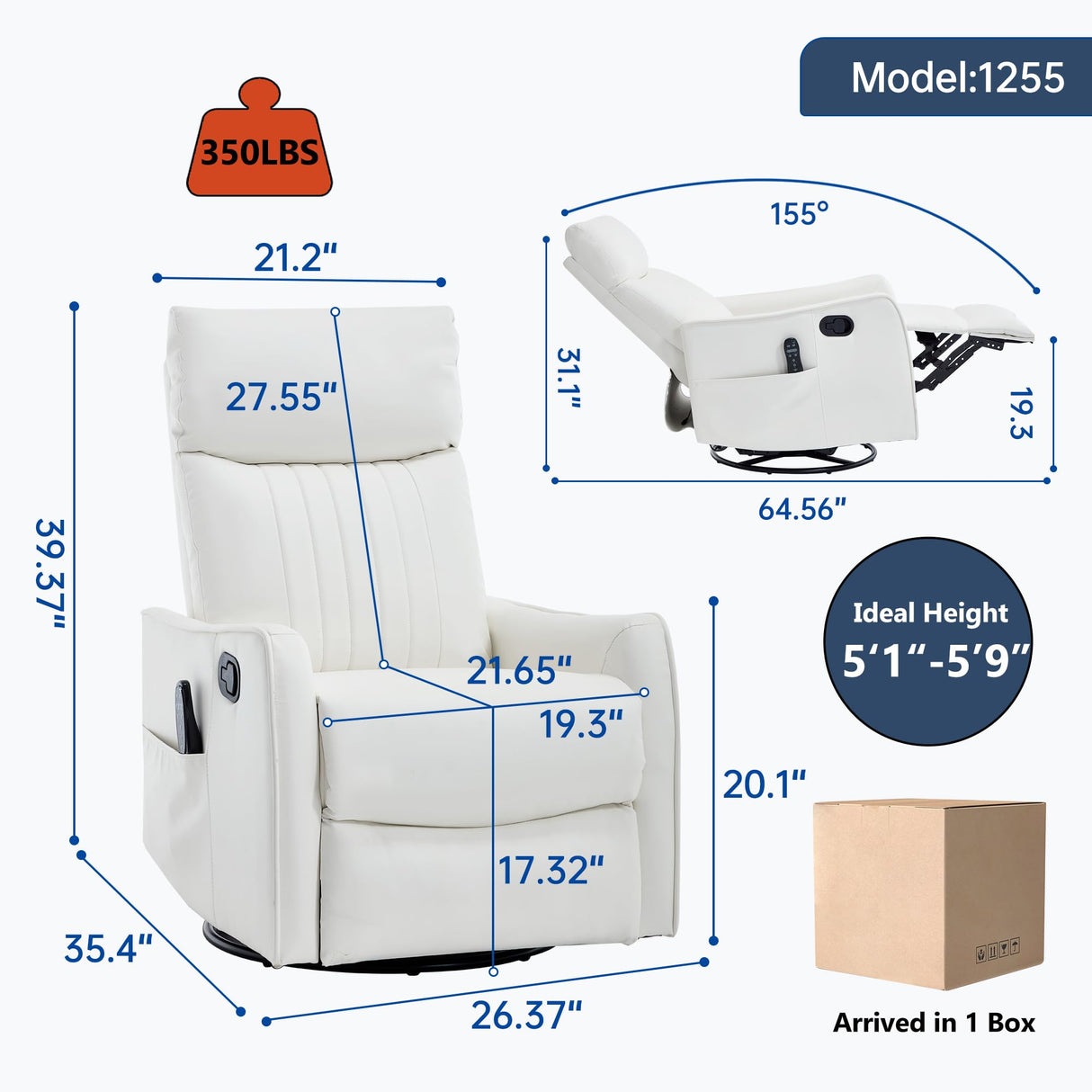 PELUMY Recliner Chair Swivel Rocking with Heat Massage - 360° Manual Recliner, 8-Point Vibrating & Lumbar Heat, Easy Assembly Chair for Living Room (Breathable Leather, White) PELUMY