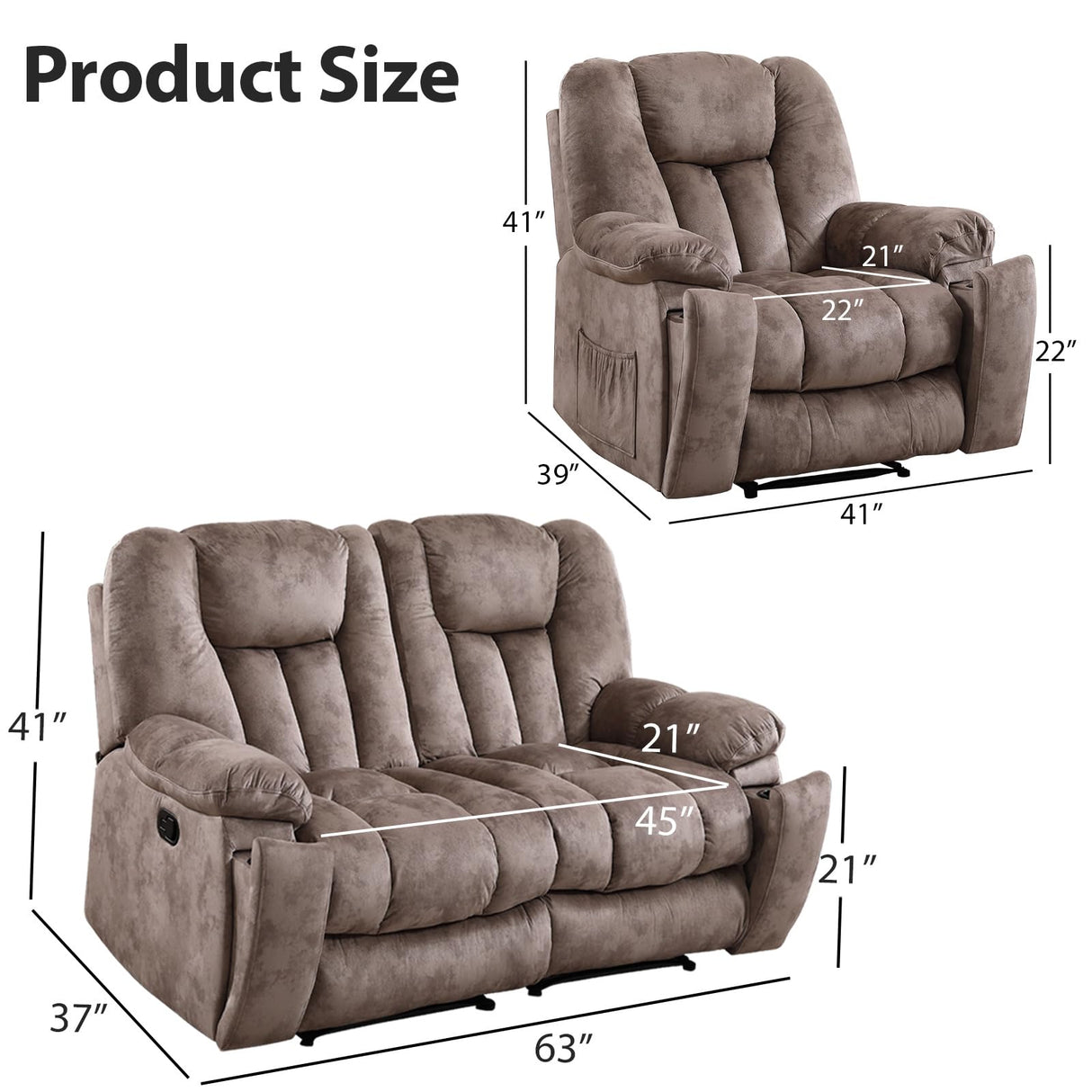EBELLO 2 Piece Reclining Living Room Set, Soft Fabric Manual Recliner Sofa Set, Included Recliner Chair with Massage and Heat and Loveseat Daul Recliner, Light Brown(Recliner+Loveseat) EBELLO