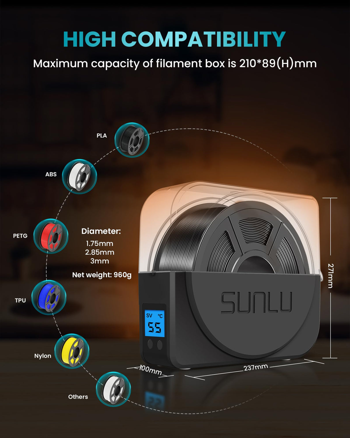 SUNLU Filament Dryer Box for 3D Printer Filament, S1 Plus Filament Dehydrator with Fan Design, Filament Storage can Keep 1.75 2.85 3.00mm PLA PETG ABS Filament Dry During 3D Printing (Black) SUNLU