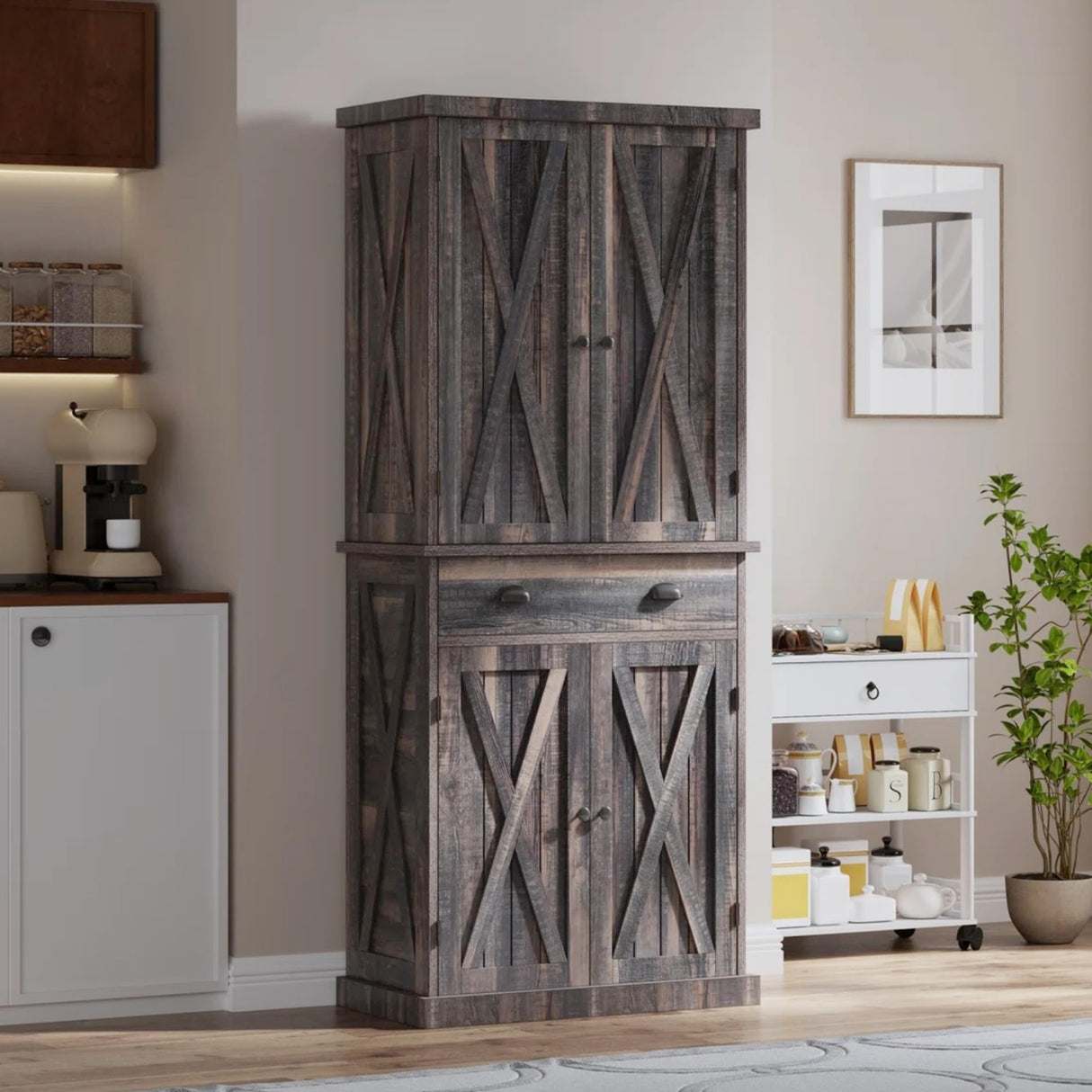 YITAHOME 72'' Tall Kitchen Pantry Cabinets, Farmhouse Storage Cabinets with Barn Doors, Drawer & Adjustable Shelves, Rustic Wood Cupboard for Dining Room, Living Room, Gray Rustic YITAHOME