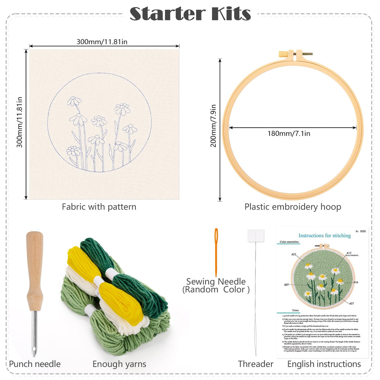 JSRQT Punch Needle Embroidery Starter Kits,Rug Hooking Kit for Kids and Adults Beginners,Handcraft Punch Needle Kits with Embroidery Hoops,Flowers and Plants Pattern JSRQT