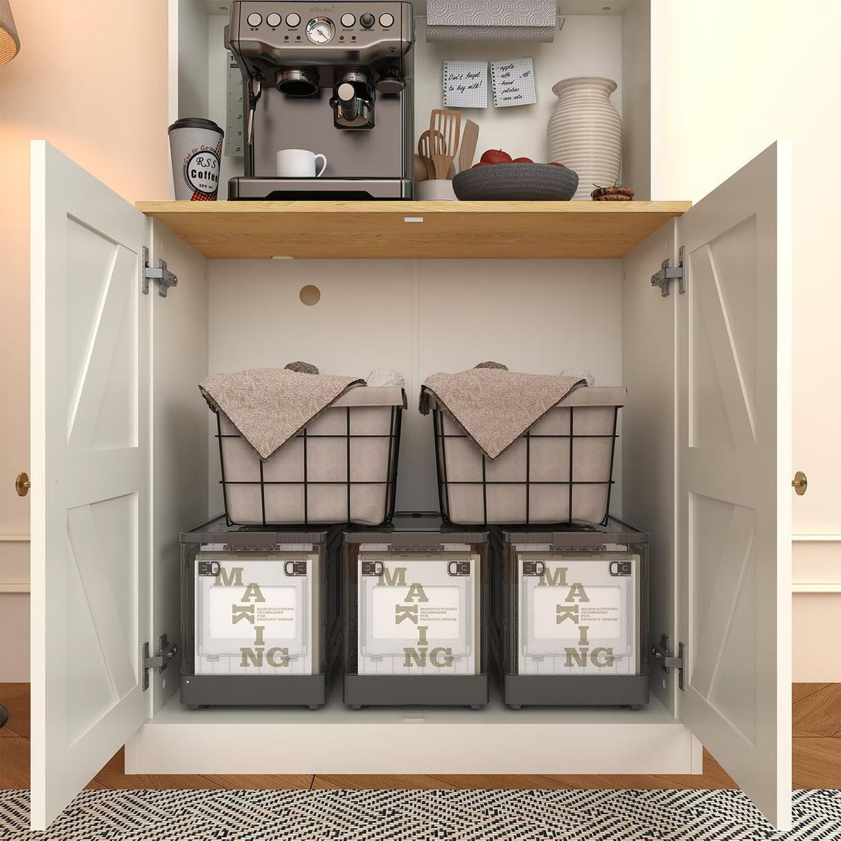 71" Tall Farmhouse Kitchen Pantry, Large Storage Cabinet with Glass Doors, Freestanding Coffee Bar Hutch with Microwave Stand, Adjustable Shelves for Kitchen, Living Room, Set of 3, White ivaniti