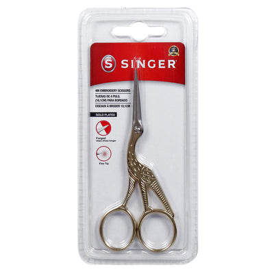 SINGER 4 Inch Forged Embroidery Scissors with Curved Tip for Sewing, Cross-Stiching, Crafts, & More (Gold Stork Design, 1-Pack)