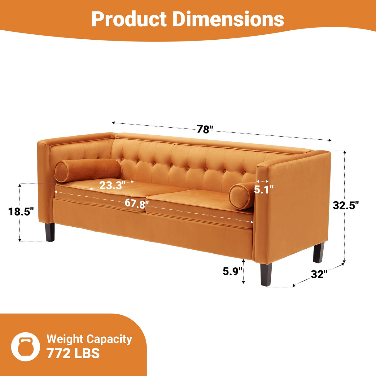 Dreamsir 78'' W Velvet Sofa, Mid-Century Love Seats Sofa Furniture with Bolster Pillows, Button Tufted Couch for Living Room, Tool-Free Assembly (Ginger) Dreamsir