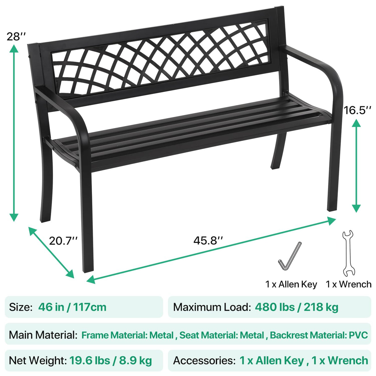 Dkeli Patio Outdoor Bench Park Metal Sturdy Cast Iron Garden Benches Porch Chair Seat Furniture with Armrests 480BLS Bearing Capacity for Park Yard Deck Entryway, Black Dkeli