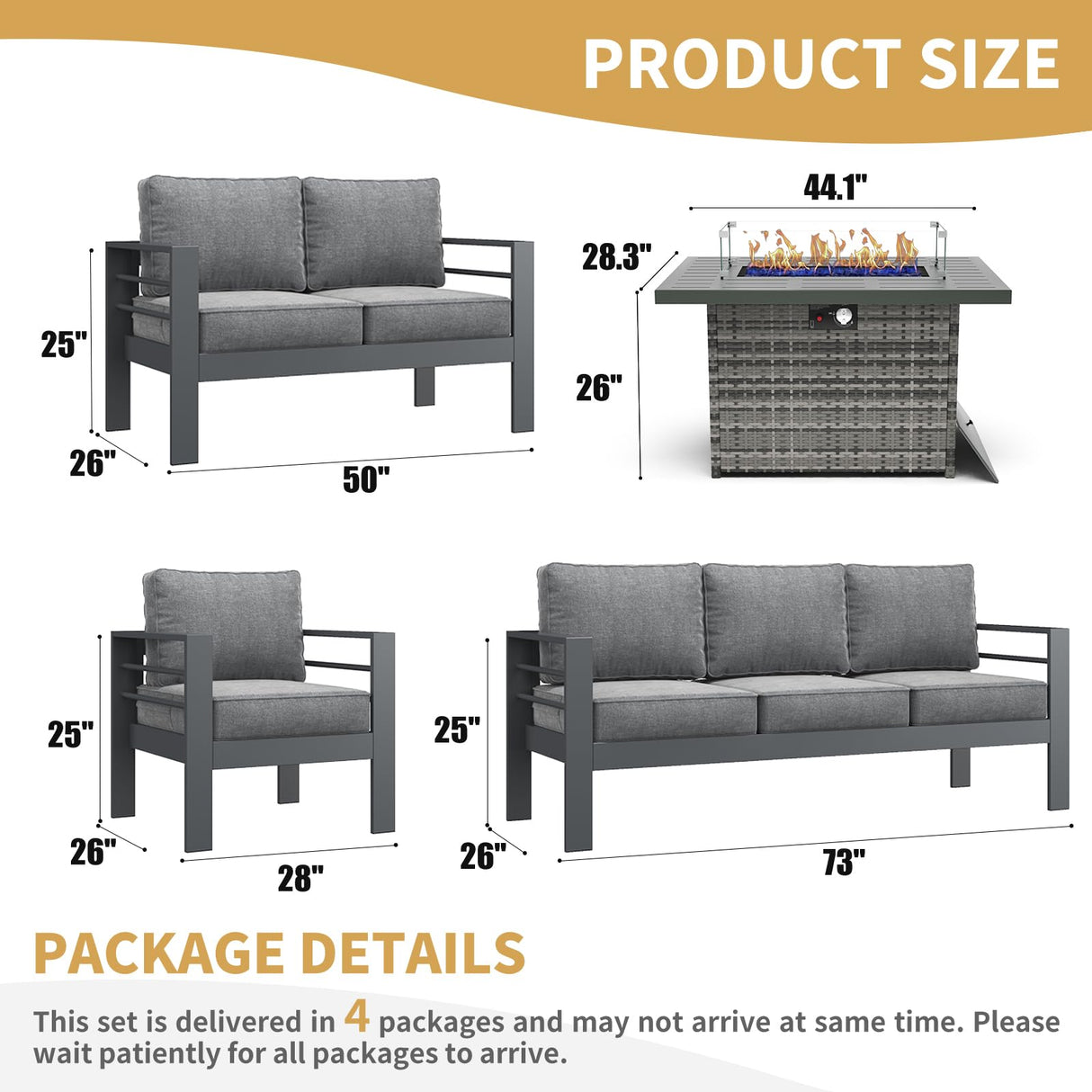 LayinSun Aluminum Furniture Set with Fire Pit Table, 5 Pieces Patio Sectional Conversation Chat Sofa Modern Seating Set LayinSun