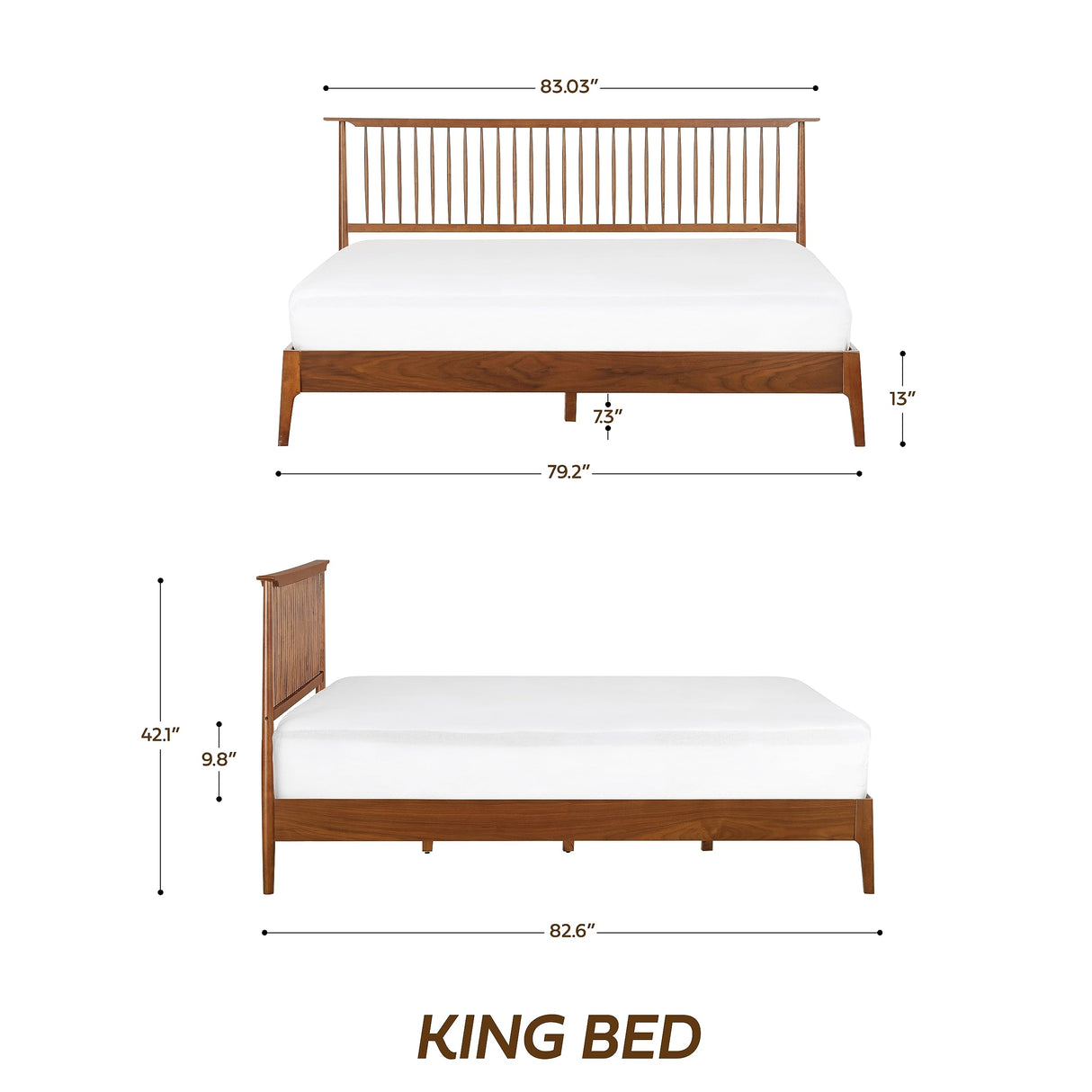NTC Ruby Wooden Bed Frame with Headboard, Crafted from Walnut, Rubber Wood with Silent Slats and Wood Central Supports, 1000 Lb Capacity, Effortless Assembly, King - Dark Walnut NTC