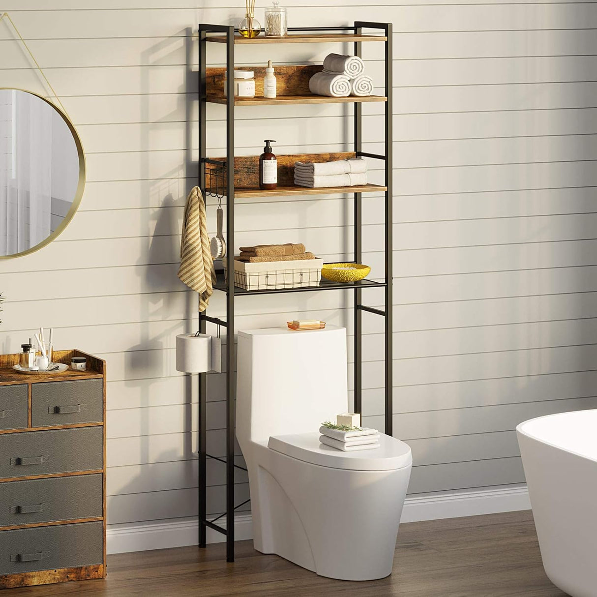 Rolanstar Over The Toilet Storage 4-Tier, Freestanding Bathroom Organizer, Sturdy Behind Toilet Rack with Hooks, Space-Saving Design, Fits Most Toilets, Rustic Brown Rolanstar