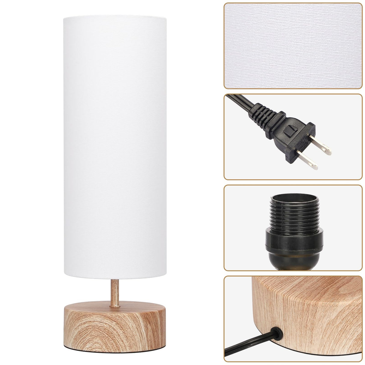 Bedside Table Lamp, 3 Way Touch Control Table Lamp with Wood Grain Base, Dimmable Nightstand Lamp with White Shade, Simple Night Light for Bedroom Living Room Home Office, LED Bulb Included Seaside village