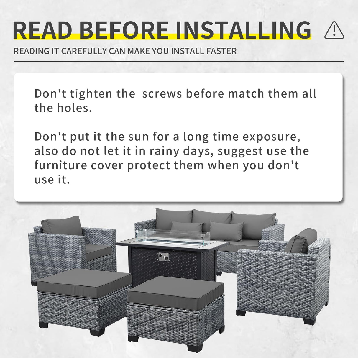 Lviden 6 Pieces Wicker Patio Furniture Sets Outdoor Conversation Set PE Rattan Sectional Sofa Couch with 45" Fire Pit Table and Grey Cushions Lviden