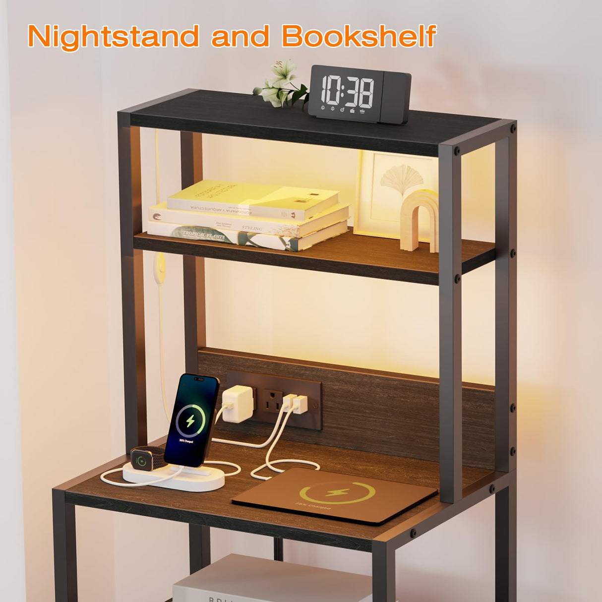 Furnulem Night Stand, Tall Nightstand with 4-Tier Shelves, 2 Fabric Drawers and Light Tube, Bed Side Tables with Charging Station, Bedside Table for Bedroom, Office, Black Oak Furnulem