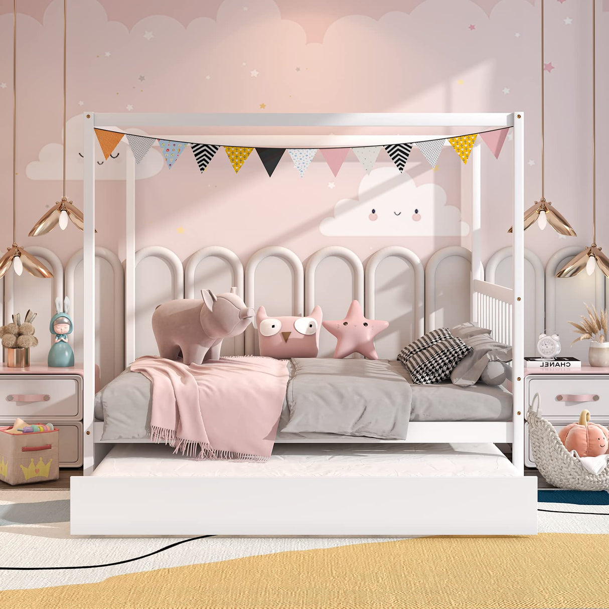KOMFOTT Space-Saving Full Wood Canopy Bed with Twin Trundle for Kids - Easy Assembly in White KOMFOTT