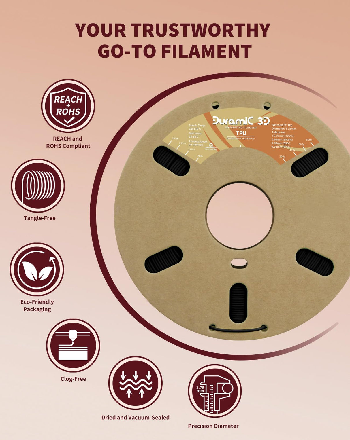 DURAMIC 3D TPU Filament 1.75mm Black, TPU Flexible Filament 95A, Soft TPU 3D Printing Filament, 1kg Spool, Dimensional Accuracy +/- 0.05mm, Black 1 Pack DURAMIC 3D