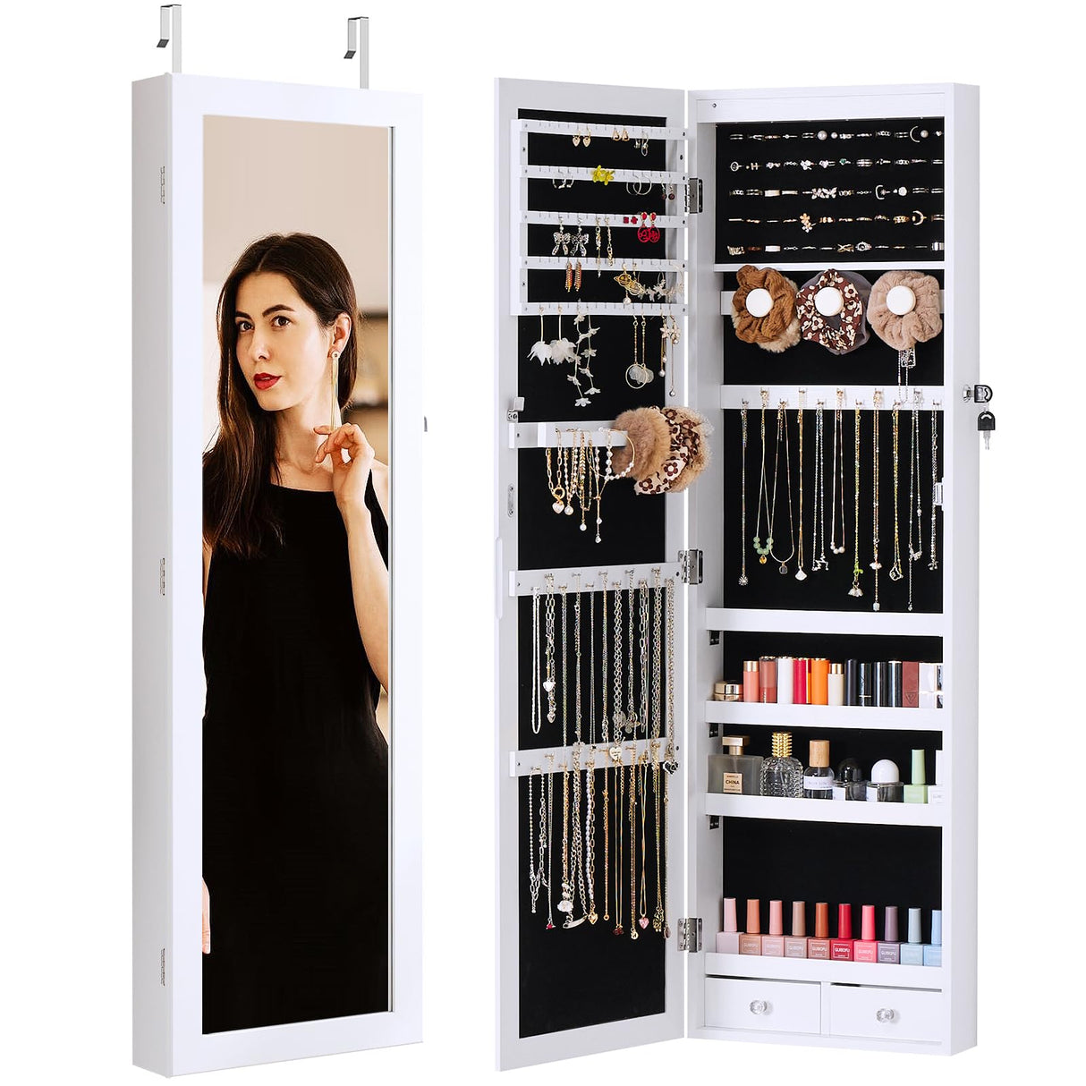 Zibbizo Jewelry Organizer Cabinet, 47.2-Inch Lockable Jewelry Armoire with Full-Length Mirror, Wall or Door-Mounted, Large Storage with 6 LEDs, 3.85" D x 14.25" W x 47.24" H, White Zibbizo