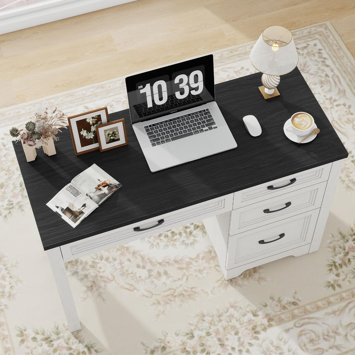 Halitaa Farmhouse Executive Desk with Drawers, Wood Computer Desk with Ample File Drawer, Rustic Home Office Desk with Storage for Bedroom, Living Room, Black Halitaa