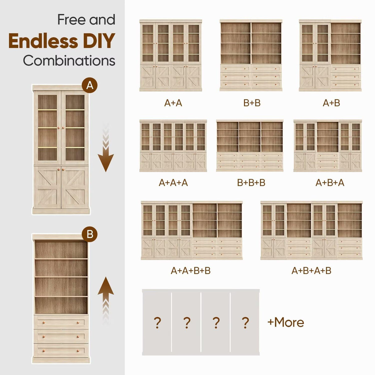 Vyre 71" Tall Farmhouse Bookshelves with Drawers, Set of 3 – Large Modular Bookcase with Adjustable Shelves, Storage Cabinet for Living Room, Kitchen, Home Office, Brown Vyre