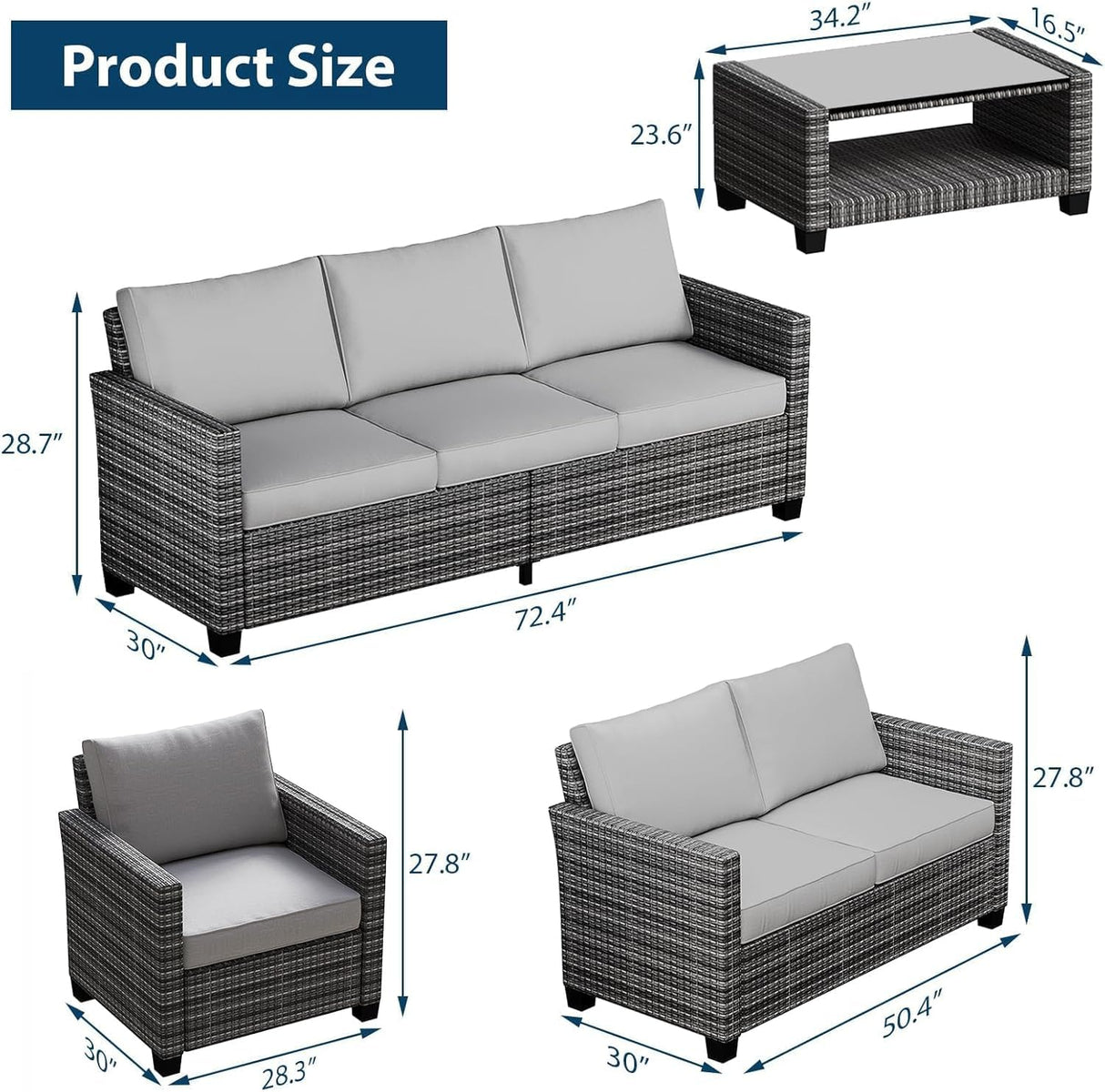 Patio Furniture Sets 6 Pieces, PE Wicker Modern Patio Conversation Set with Storage Cushions for Poolside, Deck, Balcony, Grey + Earthy Grey GAOMON