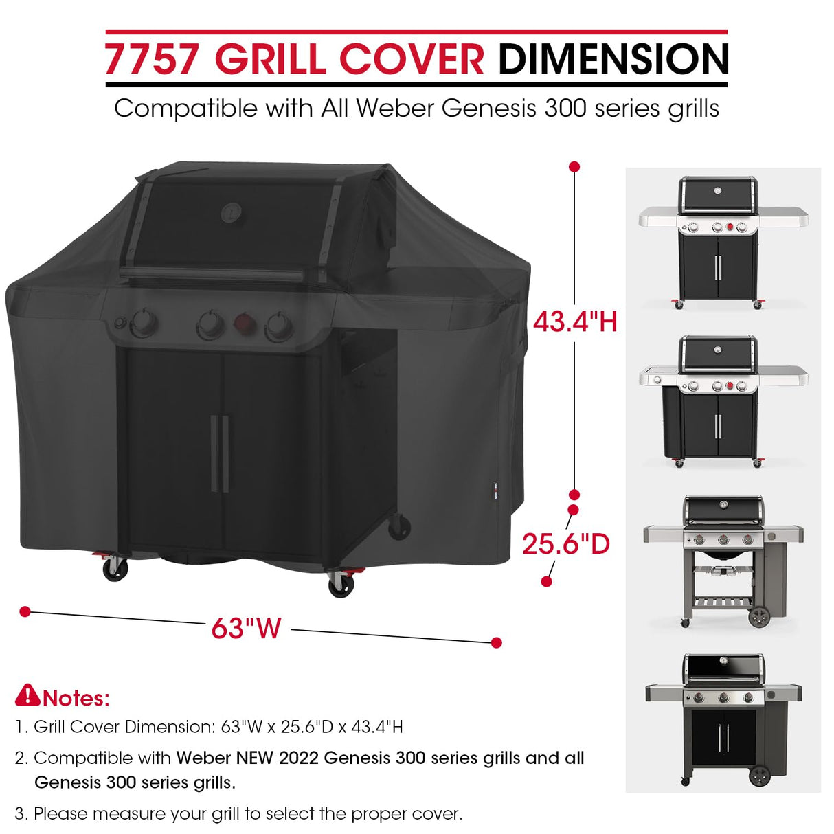Unicook 63 Inch Grill Cover for Weber Genesis 300 Series and New 2022 Genesis 300 Grills, Outdoor BBQ Grill Cover, Heavy Duty Waterproof Fade Resistant Barbecue Cover, Compared to Weber 7757 Unicook