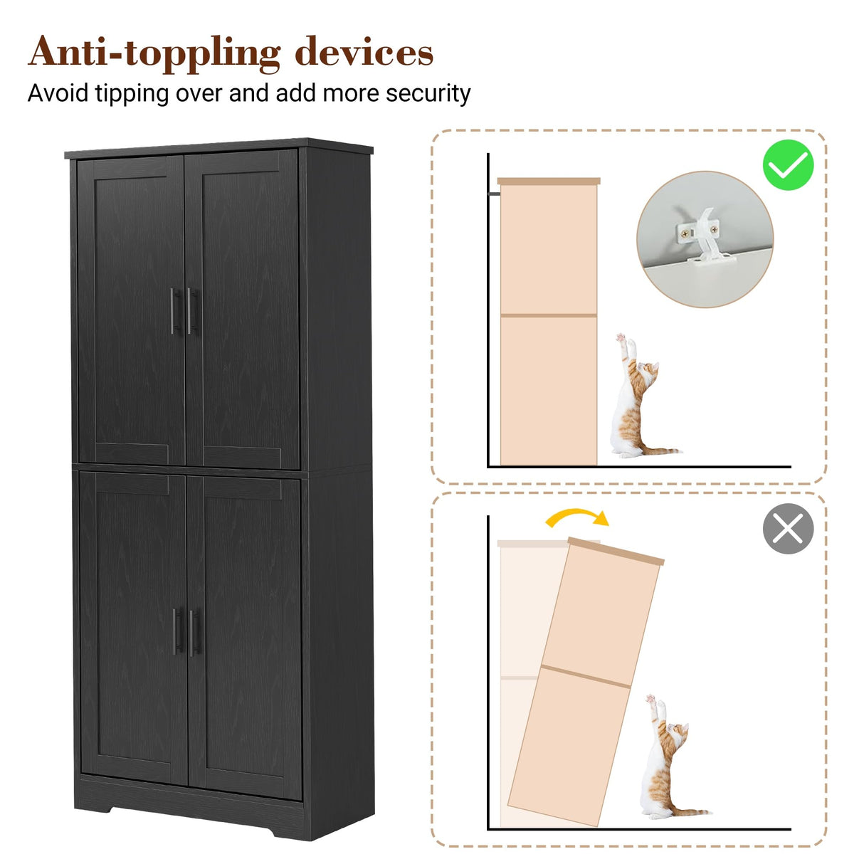 GarveeHome 70 in Tall Kitchen Pantry Cabinet, Freestanding Storage Cabinet with 4 Doors and Adjustable Shelves, Large Utility Hutch Cupboard for Dining Room, Bathroom, Living Room (Black) GarveeHome