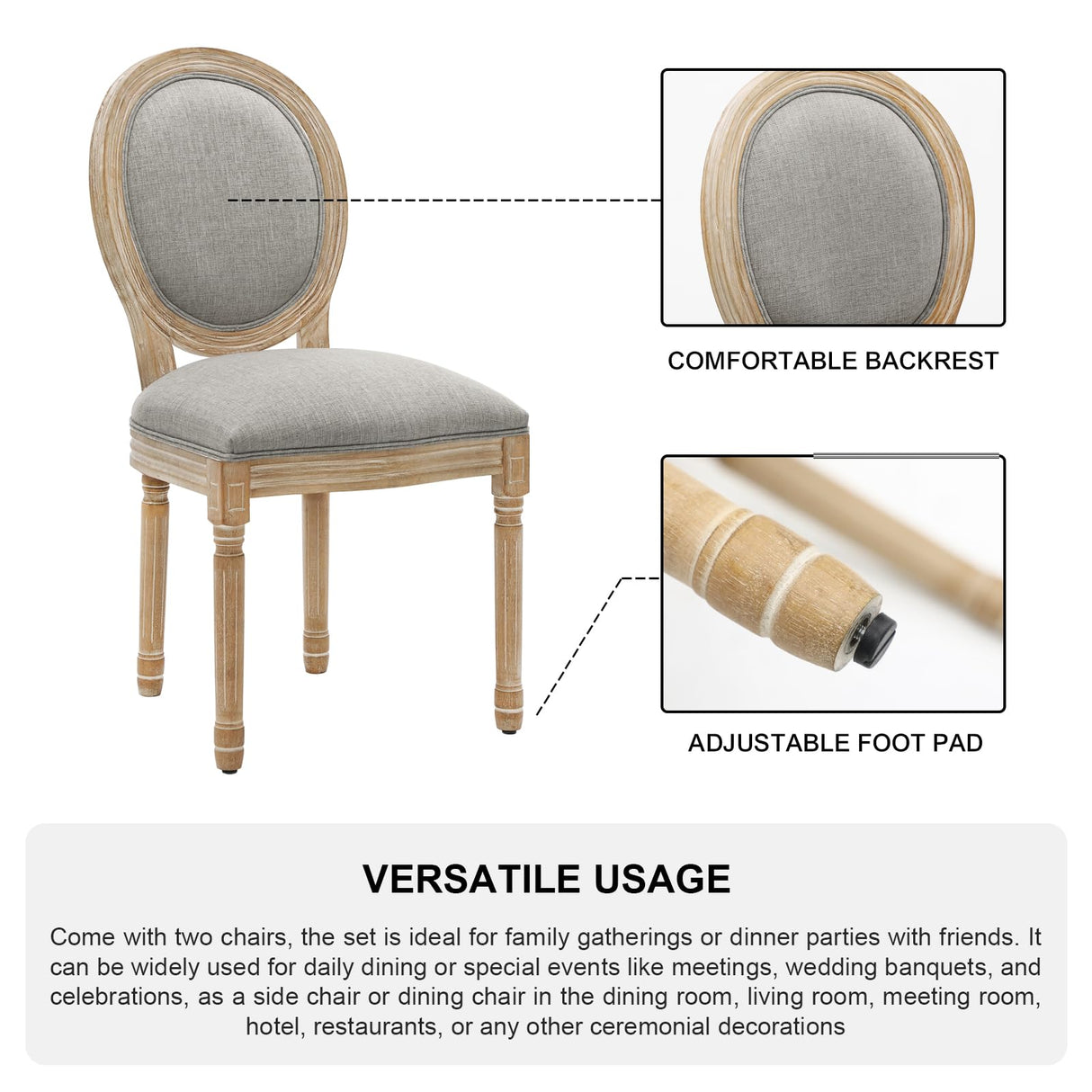 Furnimart French Country Vintage Dining Chairs Set of 4 Farmhouse Dining Chairs with Round Back and Solid Wood Legs, Oval Side Chairs for Kitchen Dining Room Living Room (Light Grey) Furnimart