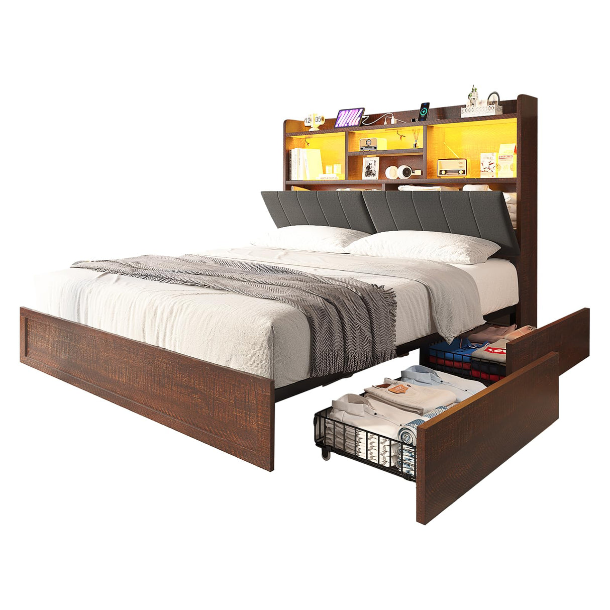 LUXOAK Full Farmhouse Bed Frame with Bookcase Headboard and 4 Drawers, LED Storage Bed with Charging Station & Linen Upholstered, No Box Spring Needed, Reclaimed Barnwood LUXOAK