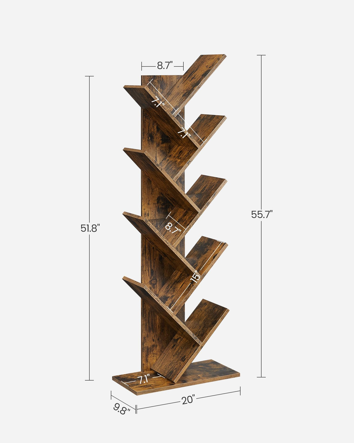 VASAGLE Tree Bookshelf, 9-Tier Bookcase, Large Bookshelf, Space-Saving Corner Shelf, Book Tree, Holds Books, CDs, Games, for Bedroom, Living Room, Home Office, Rustic Brown ULBC11BX VASAGLE