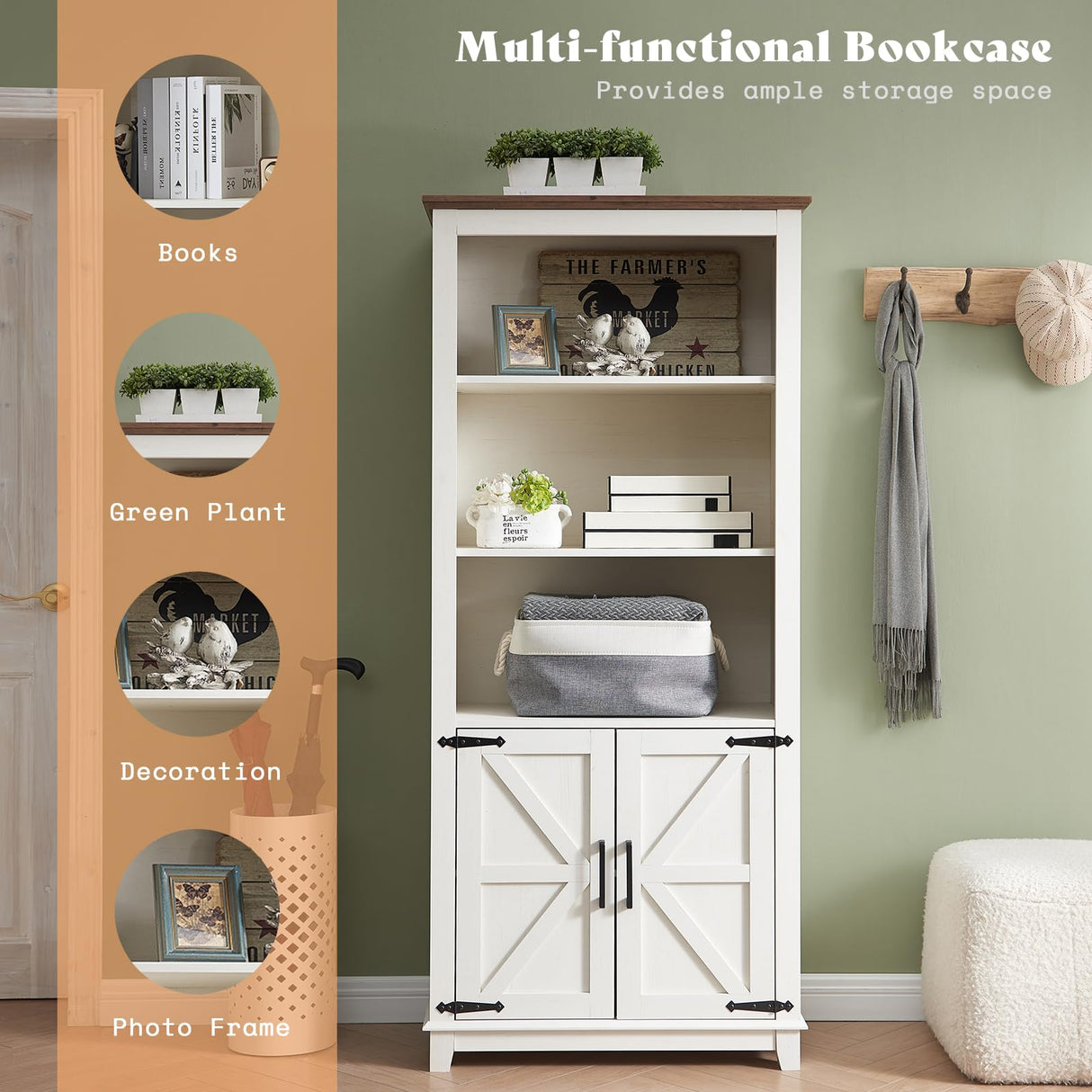 AMERLIFE Farmhouse Bookcase with Doors, 5 Shelf Bookshelf Storage Cabinet with Adjustable Shelves & Barn Door, Versatile Storage Pantry Cabinet for Bedroom, Living Room, Kitchen, Rustic White(2pcs) AMERLIFE