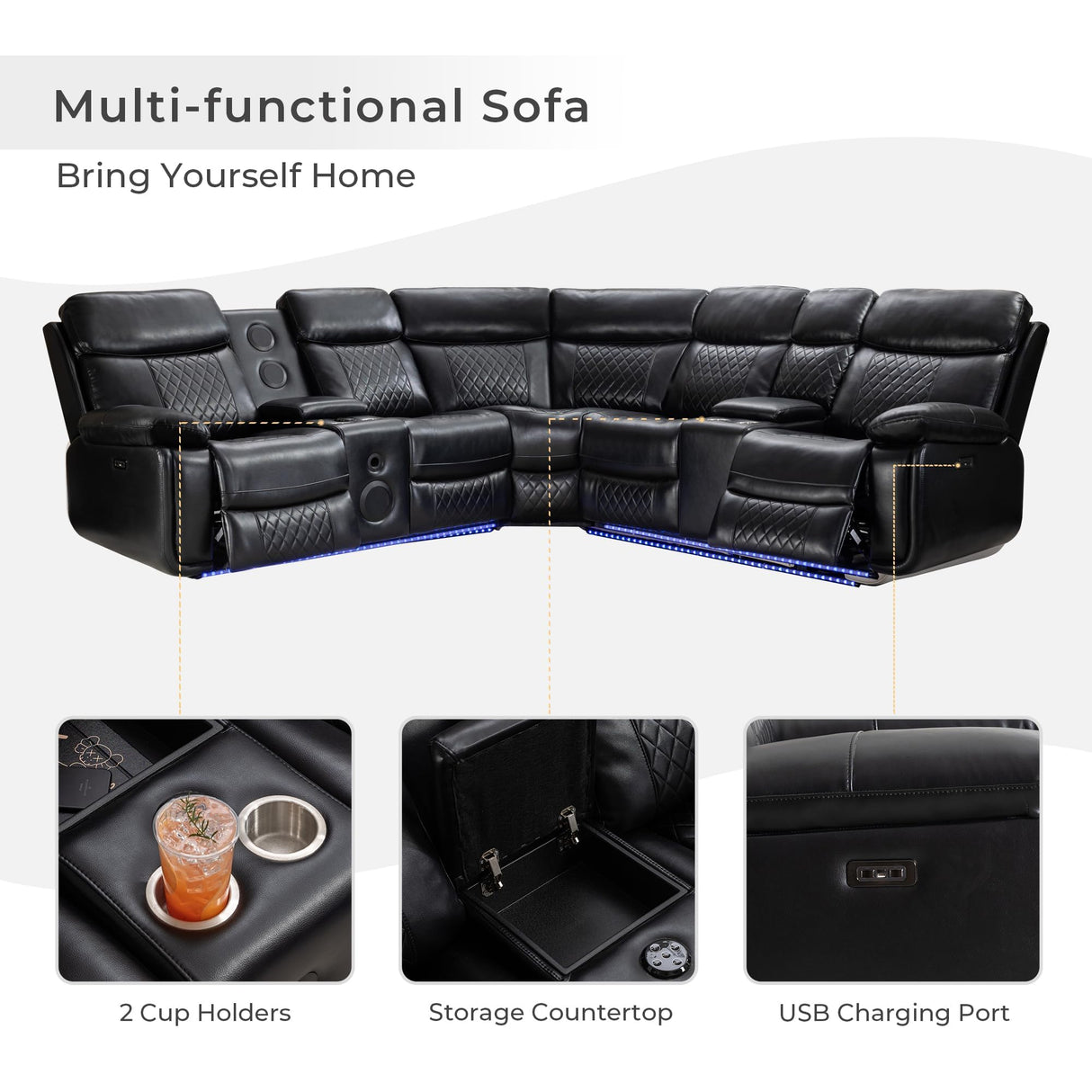 Power Recliner Sectional Sofa Wall Hugger with Bass Speakers,LED Strip,USB Ports,Storage Console,Cup Holders,Faux Leather Reclining Sectional Couch with 2 Recliners for Living Room,5 Seats,Black Comfort Stretch