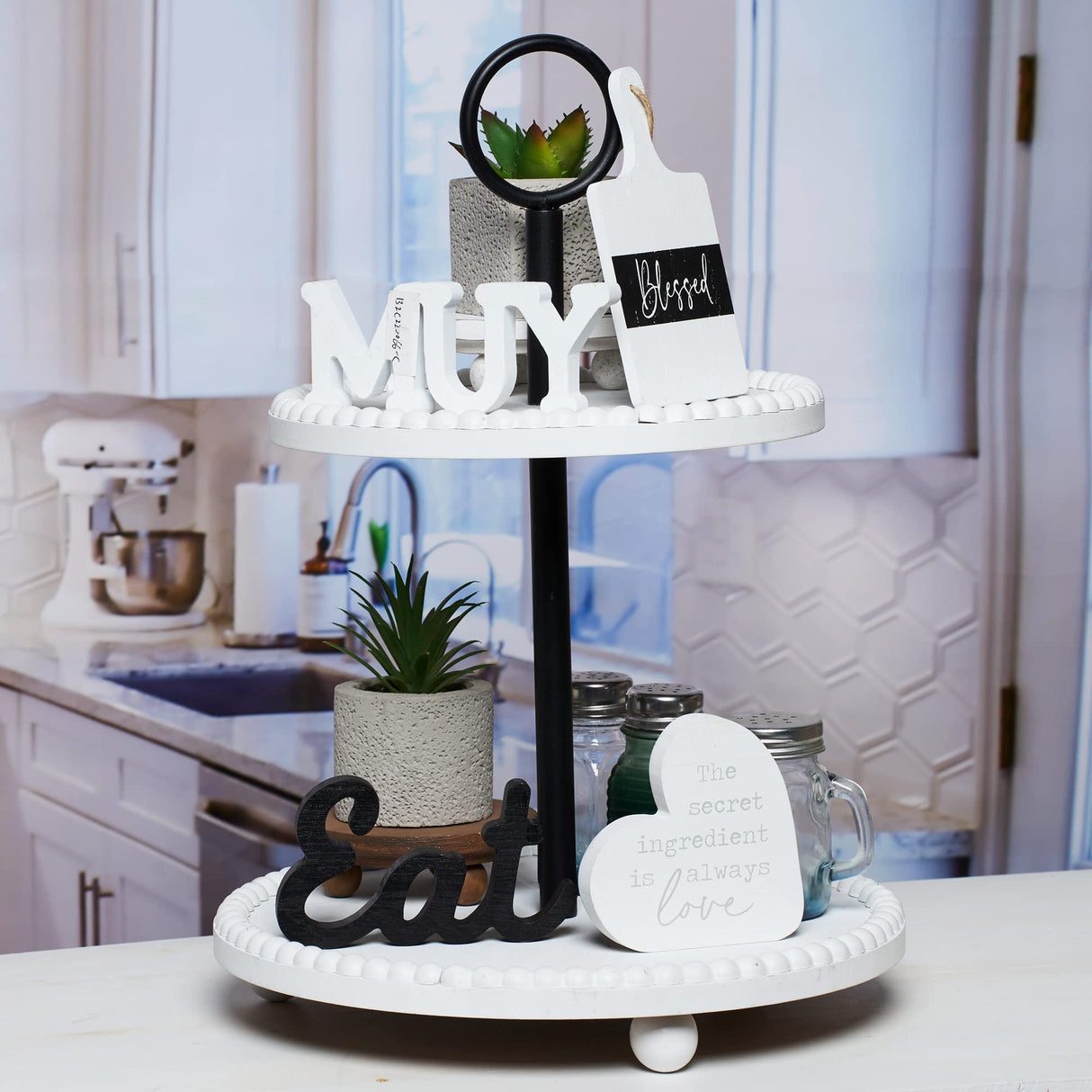 GENMOUS Farmhouse Kitchen Tiered Tray Decor Items Mini Set, Rustic Black and White Kitchen Counter Decor, Two Tiered Tray Kitchen Decor Set for Home Kitchen Dining Room Table Decoration GENMOUS & CO.