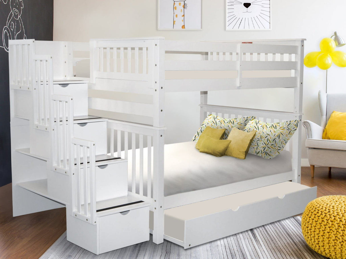 Bedz King Stairway Bunk Beds Full over Full with 4 Drawers in the Steps and a Full Trundle, White Bedz King