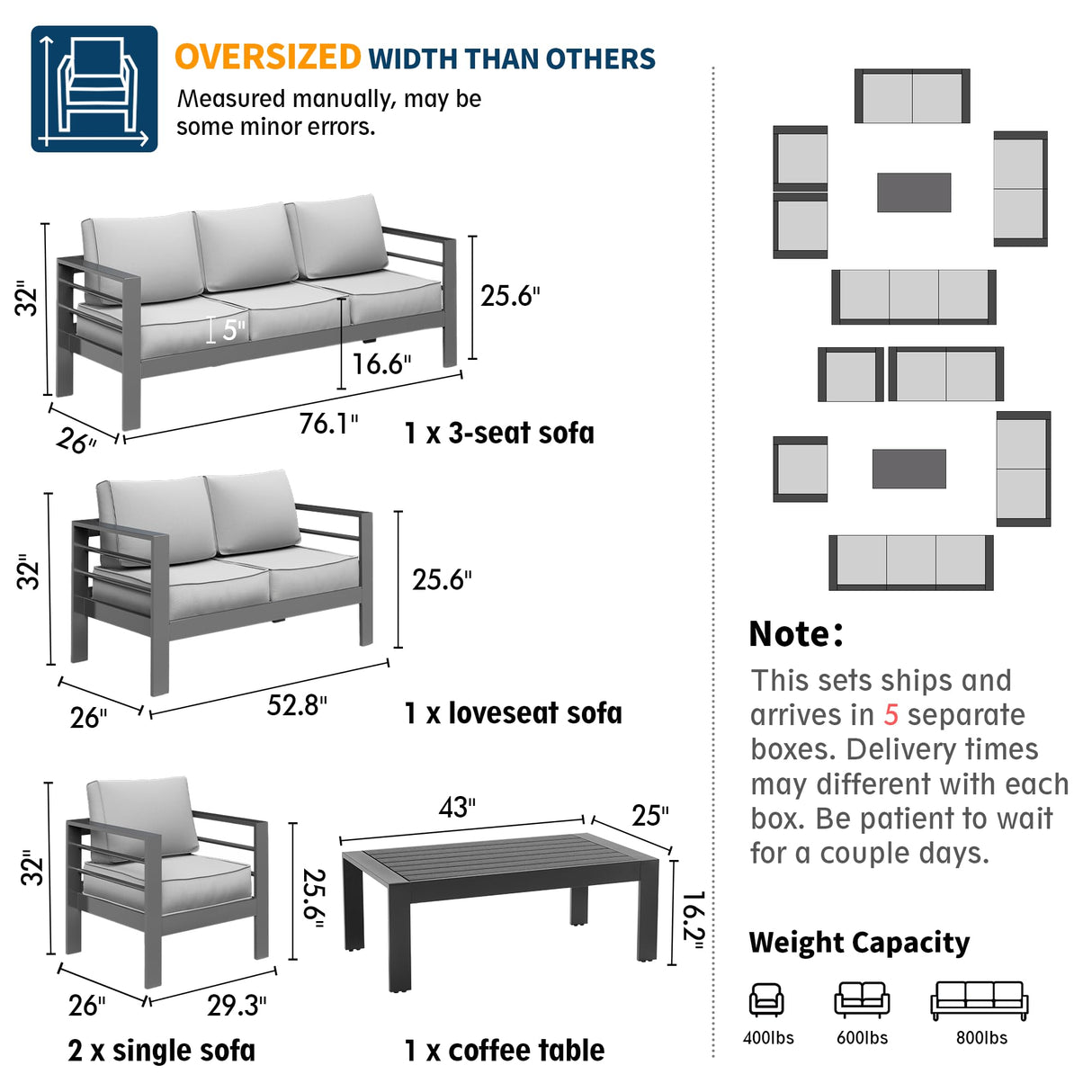 UDPATIO 7 Pieces Patio Aluminum Furniture Set Oversized Outdoor Furniture Modern Patio Set, 9 Seat Thick Cushion Outdoor Seating Set for Balcony(Include Waterproof Sofa Cover) UDPATIO