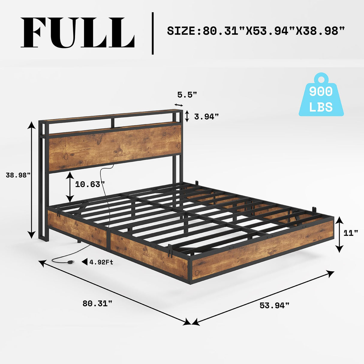 AMERLIFE Full Size Floating Bed Frame with LED Storage Headboard & Charging Station in Rustic Brown AMERLIFE