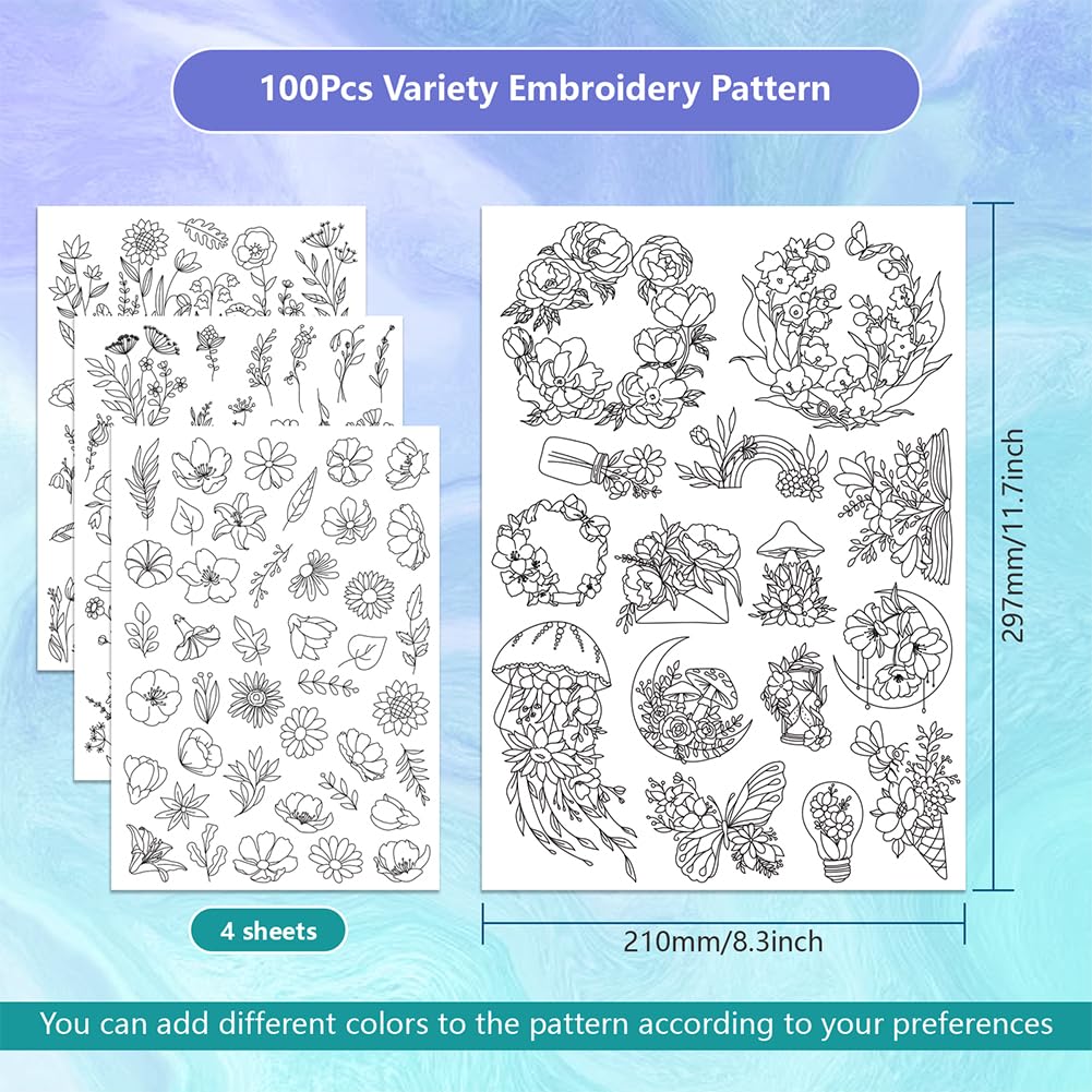 ORIGACH 4 Sheets 105 Pcs Water Soluble Embroidery Patterns Stabilizers - Pre-Printed Floral, Flowering Shrubs & Leaves Designs - Stick & Stitch Embroidery Paper for Hand Sewing Lovers ORIGACH