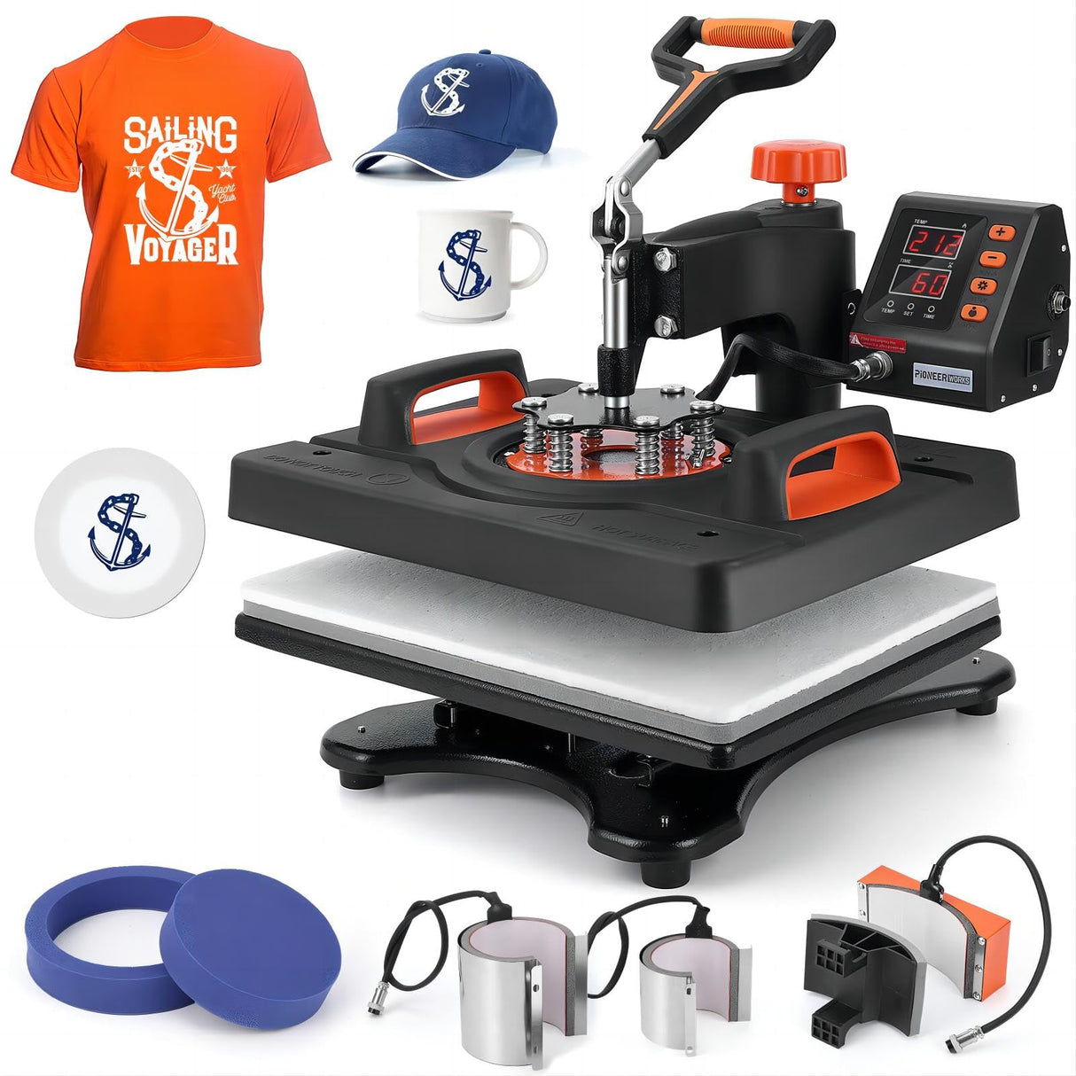 6 in 1 Heat Press Machine, 12" x 15" Professional Sublimation Machine, Heat Press Machine for T-Shirts, 360° Swing Away, 0-410℉, 3 Preset Modes Heat Transfer Machine PioneerWorks