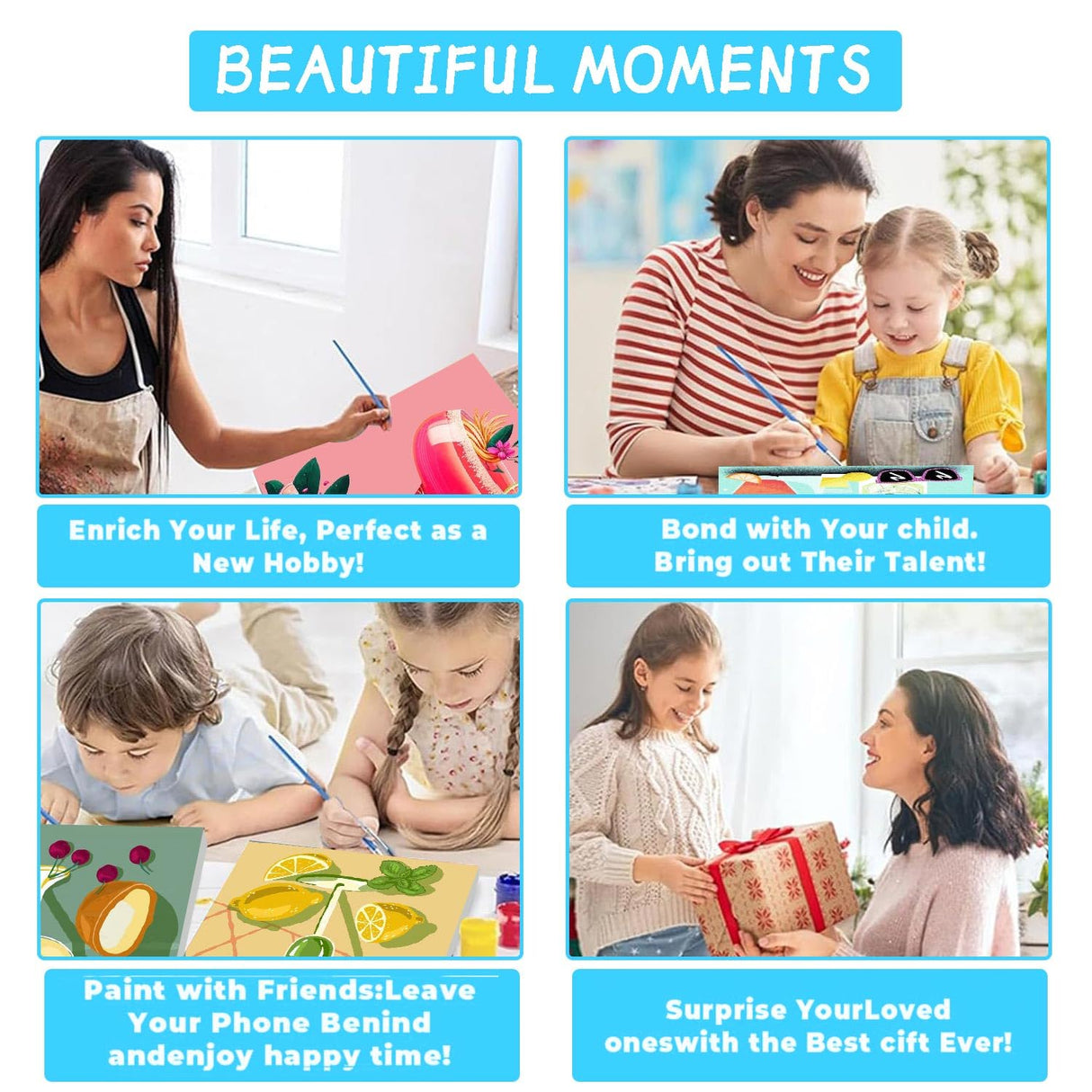 Amzdiyfun 4 Pack Fruits Paint by Numbers Kit, Easy Acrylic Art Number Painting for Beginners, DIY Adults Paint by Numbers Kit on Canvas for Home Wall Decor, 7.8x7.8Inch Amzdiyfun