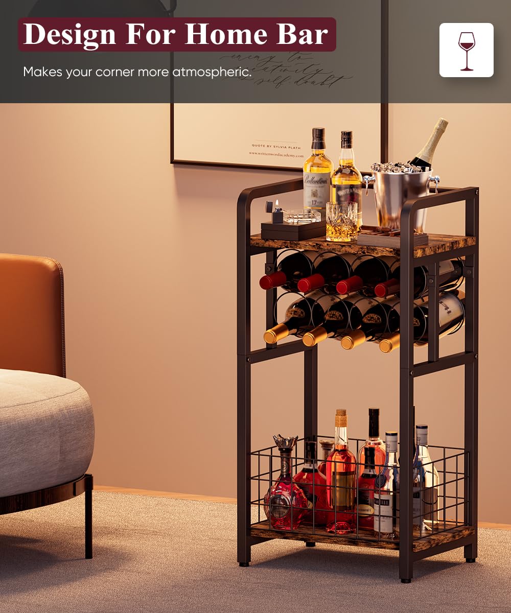 Ansionsol 3-Tier Wine Rack Freestanding Floor with Wood Top, Liquor Stand with Wine Bottle Holder, Corner Mini Bar Table for Small Space, Metal Whiskey Shlef for Kitchen, Cellar, Living Room, Black Ansionsol