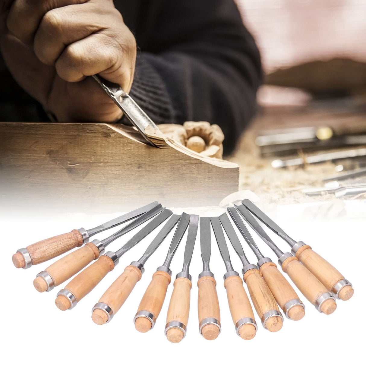 12Pcs 8inch Wood Turning Tools with HSS Blade Woodworking Lathe Chisel Set HRC58~62 High Hardness with Wood Handle for Modeling, Carving, Cutting,Woodworking Carving Gouge Accessories Tissting