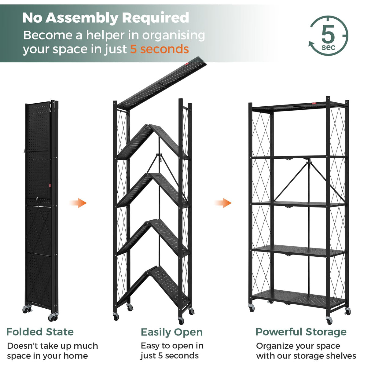 DEANIC 5 Tier Foldable Storage Shelves with Wheels, Large Capacity Shelving Unit, Freestanding Metal Wire Shelf Rack, No Assembly Organizer Rack for Garage Kitchen, Basement, Pantry(Black) DEANIC