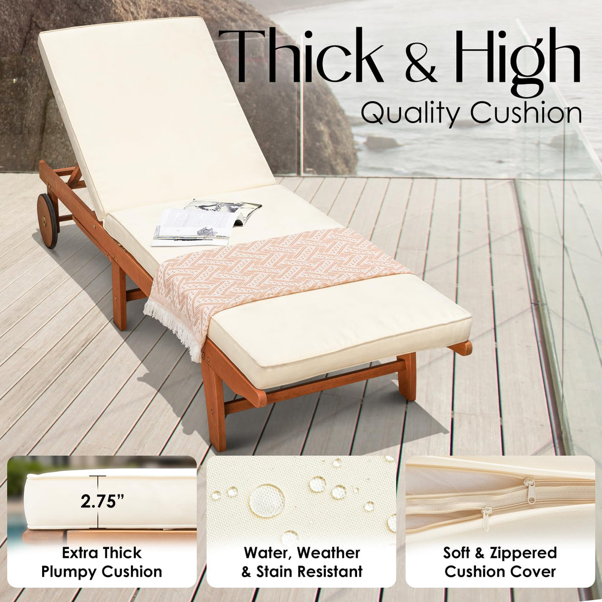 IDZO Upgraded Cushion Outdoor, 500lbs Capacity Patio Pool Loungers, Stackable and Foldable Design, Reclining Backrest, Federica Wood Chaise Lounge_Brown IDZO