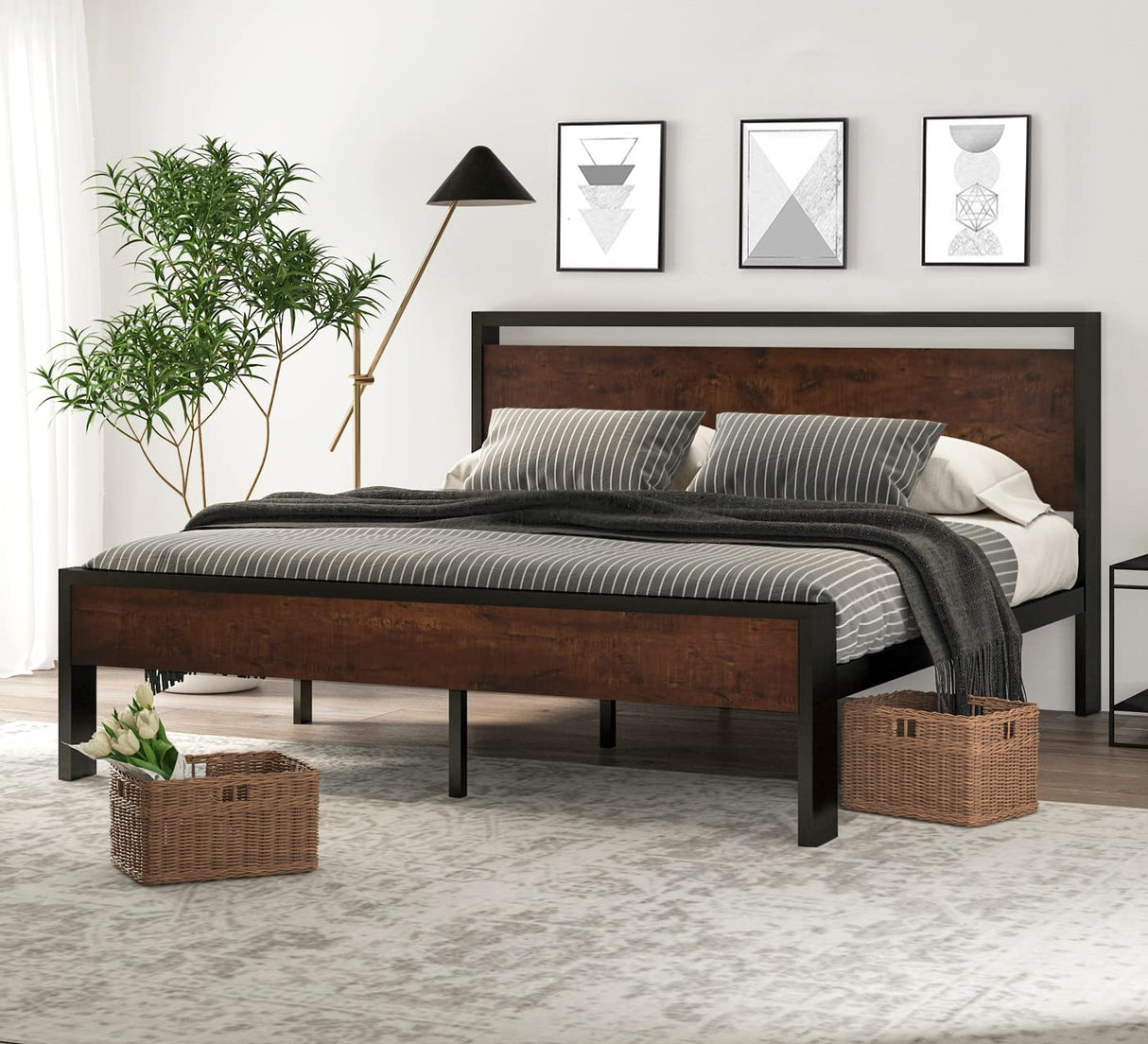SHA CERLIN 14 Inch King Size Metal Platform Bed Frame with Rustic Wooden Headboard and Footboard SHA CERLIN
