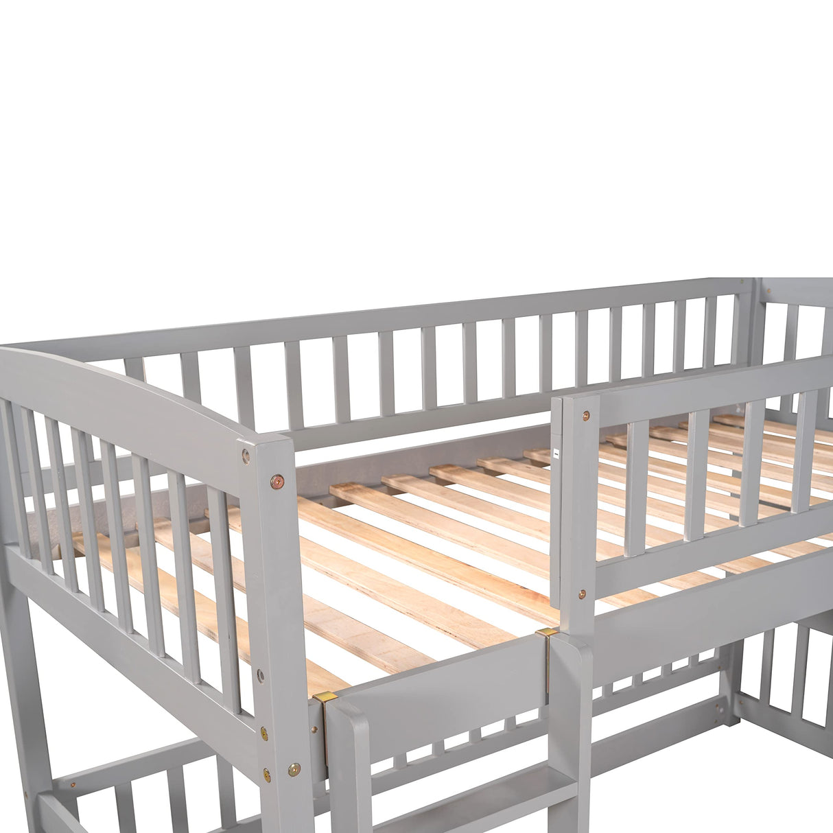Twin Over Twin Bunk Bed with Slide for Kids, Low Bunk Bed Frame with Convertible Ladder & Detachable Fence, Solid Pine Wood Structure for Bedroom, Grey Merax