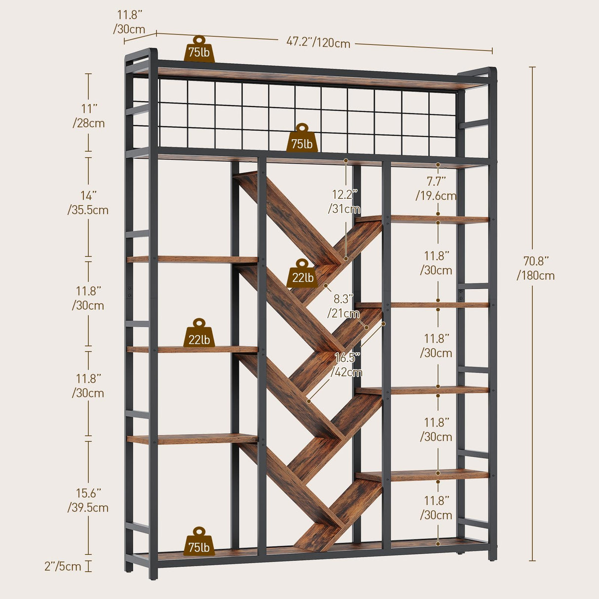 RALGEND Triple 7-Tier Bookshelf, Industrial Large Bookcase with 20 Open Display Shelves, Modern Tree Bookcase with Metal Frame and Hanging Function for Living Room, Home Office, Rustic Brown and Black RALGEND