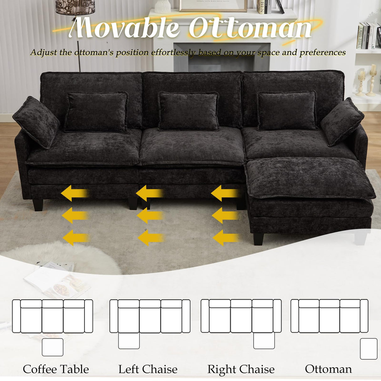 SAMERY Modular Sectional Sofa, 113" L Shaped Couch Set for Living Room Comfy Cloud Couch with Movable Ottoman, Extra Deep Seat Sofa Sleeper with 5 Pillows, Black Chenille 3-Seater Sofa SAMERY