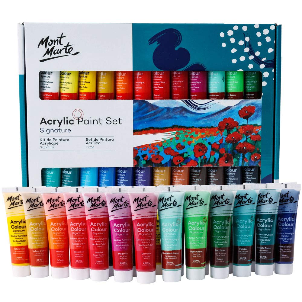Mont Marte Acrylic Paint Set 24 Colours 36ml 2 PACK, Perfect for Canvas, Wood, Fabric, Leather, Cardboard, Paper, MDF and Crafts Mont Marte