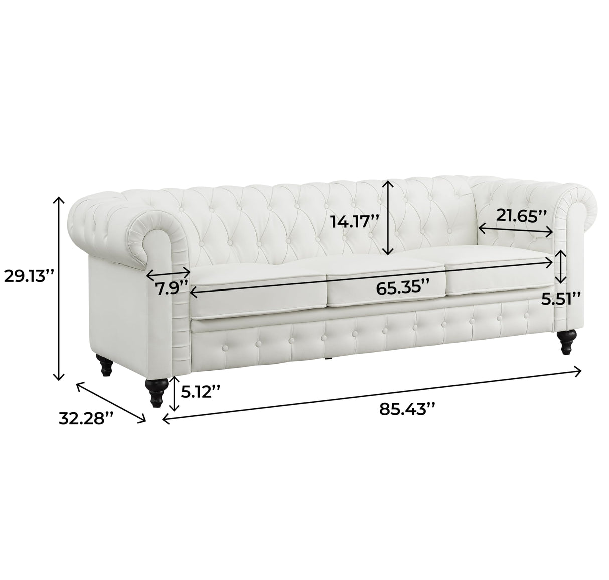 Naomi Home Emery Chesterfield Sofa with Rolled Arms, Tufted Cushions / 3 Seater Sectional Sofa Couch for Small Spaces, Living Room, Bedroom, Apartment Easy Tool-Free Assembly – Off White Naomi Home