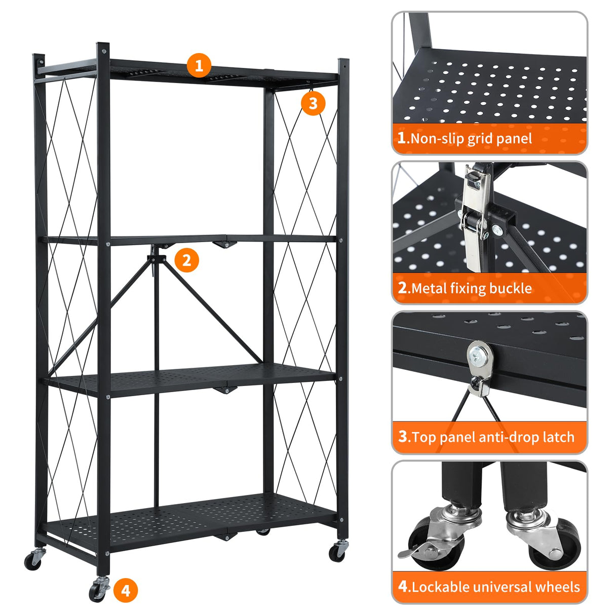 JOYBOS 4-Shelf Foldable Storage Shelves with Wheels, Heavy Duty Metal Shelving, No Assembly Organizer Wire Shelf Rack for Garage Kitchen, Basement, Pantry, Holds up to 1000 poundsโฆ JOYBOS