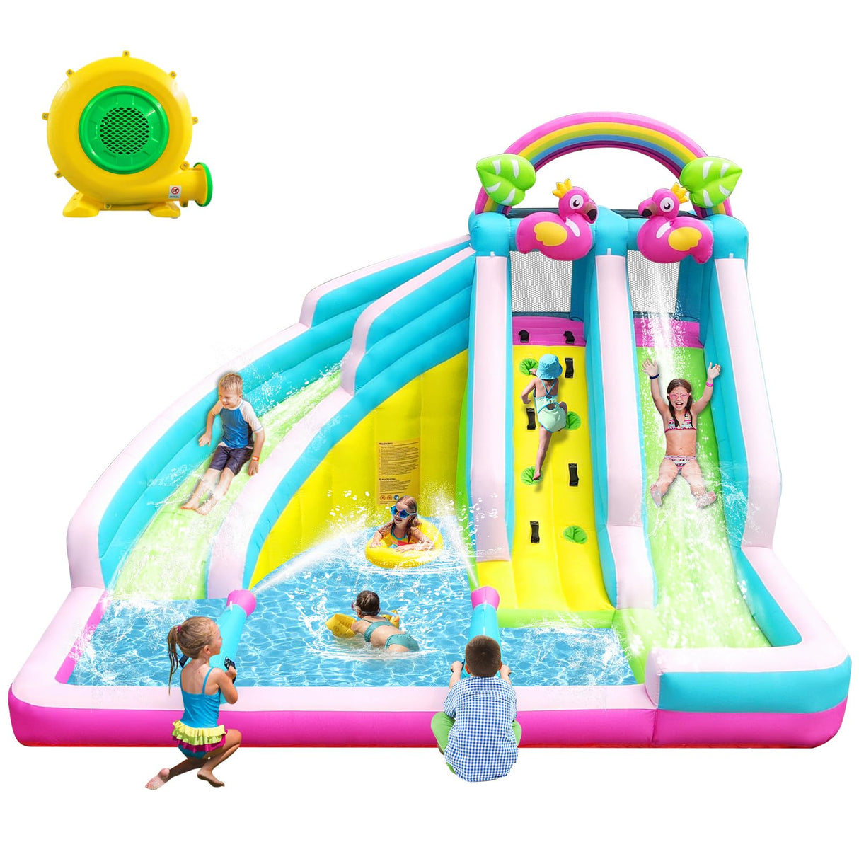 Inflatable Water Slide, 6 in 1 Blow Up Water Park Aged 3-12, Flamingo Style Water Bounce House with Double Long Slides, Splash Pool, 580W Blower Waterslide for Kids and Adults Backyard HEMOPOW