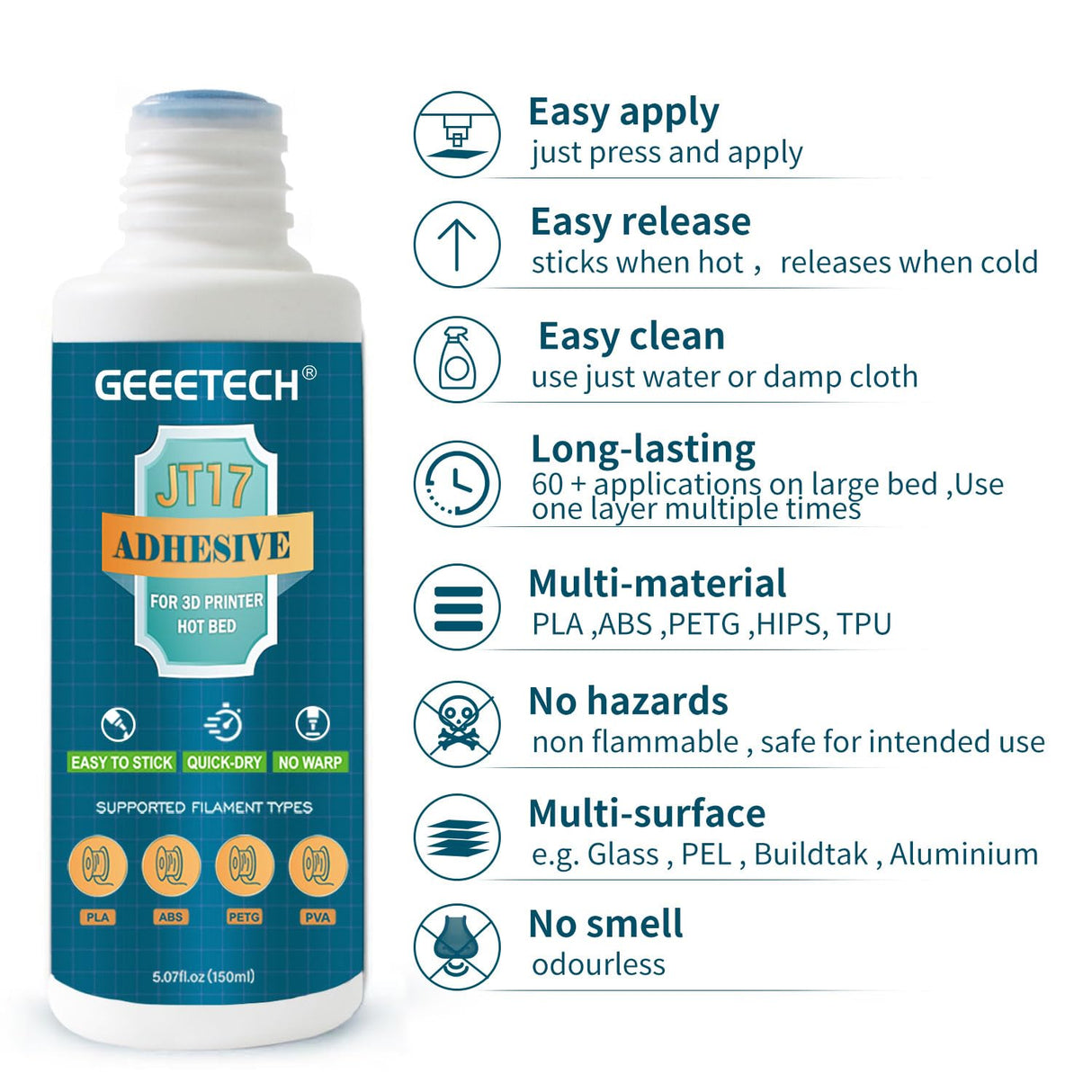 GEEETECH 150ml 3D Printer Adhesive Glue Bed Weld Original, Strong Grip Reduces Warping for ABS, PLA, PLA+, PETG and TPU Filament on Multiple Surfaces Compatible Glass, Flex Plate, PEI Sheet, 5 fl oz Geeetech