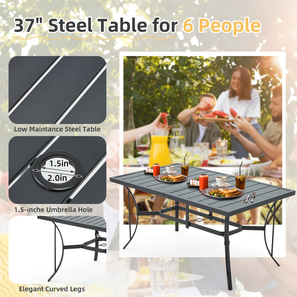 7-Piece Outdoor Patio Dining Set with 6 Swivel Rocker Chairs, Rectangular Metal Table with Umbrella Hole, 6-Person Patio Table and Chairs furniture for Backyard, poolside, Balcony and Garden Brown BUPPLEE